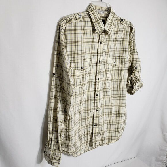 Express Mens Shirt Size Medium 15-15.5 Fitted Yellow Plaid Button Front Pockets - Picture 5 of 10